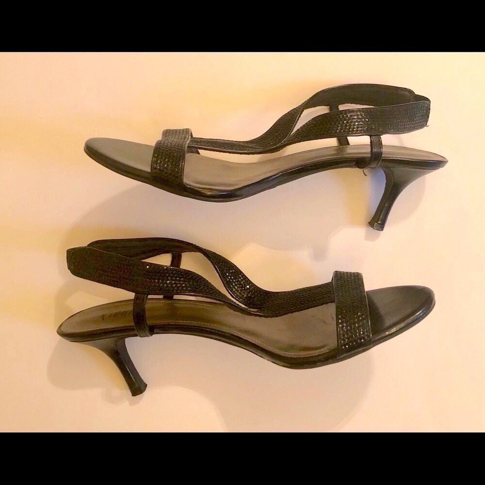 Fioni Night black strappy heels, 11W, 2 in